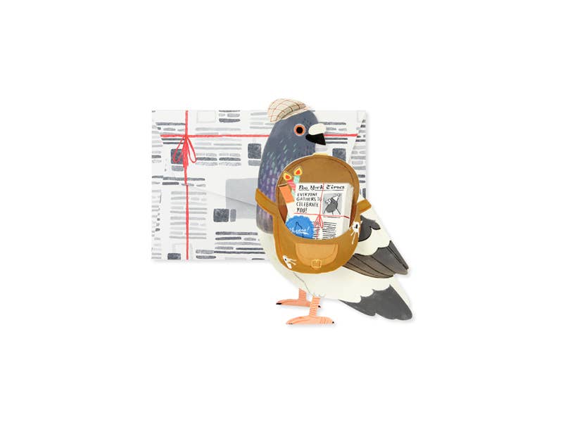 Messenger Pigeon Pop-Up Card featuring birthday greetings and a newspaper print envelope, perfect for stationery store collections.