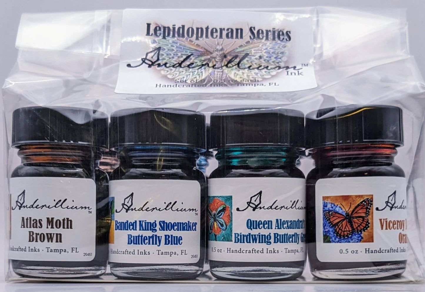 Anderillium™ Ink Sample Set - Lepidopteran Series with colorful ink bottles, perfect for gifts. Available at your local stationery store.