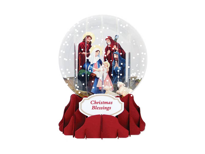 Nativity Christmas Pop-Up Card with Holy Family, vibrant snow globe design, available at stationery store.