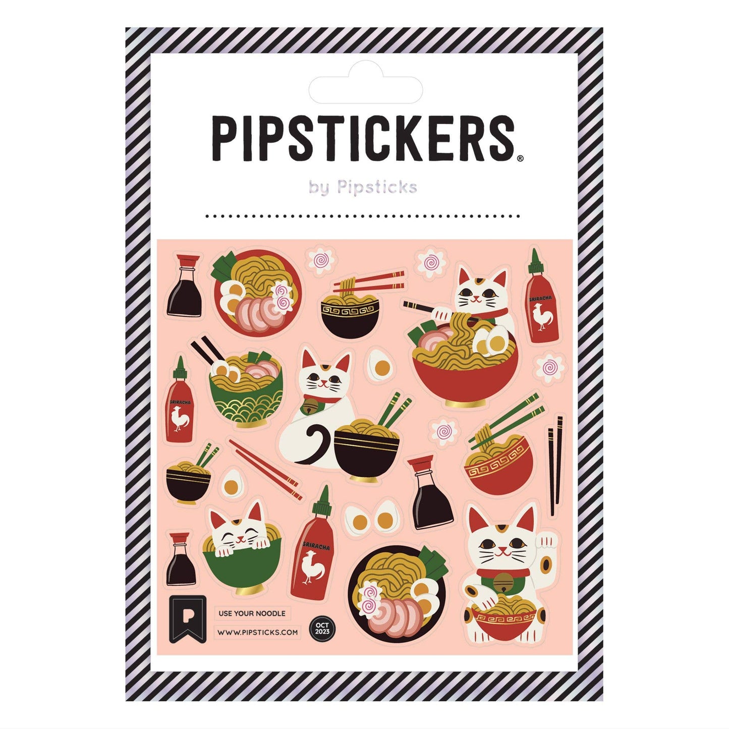 Use Your Noodle PipStickers with noodle and cat designs, perfect stationery store gift, holographic gold accents, 4x4 inch sheet.