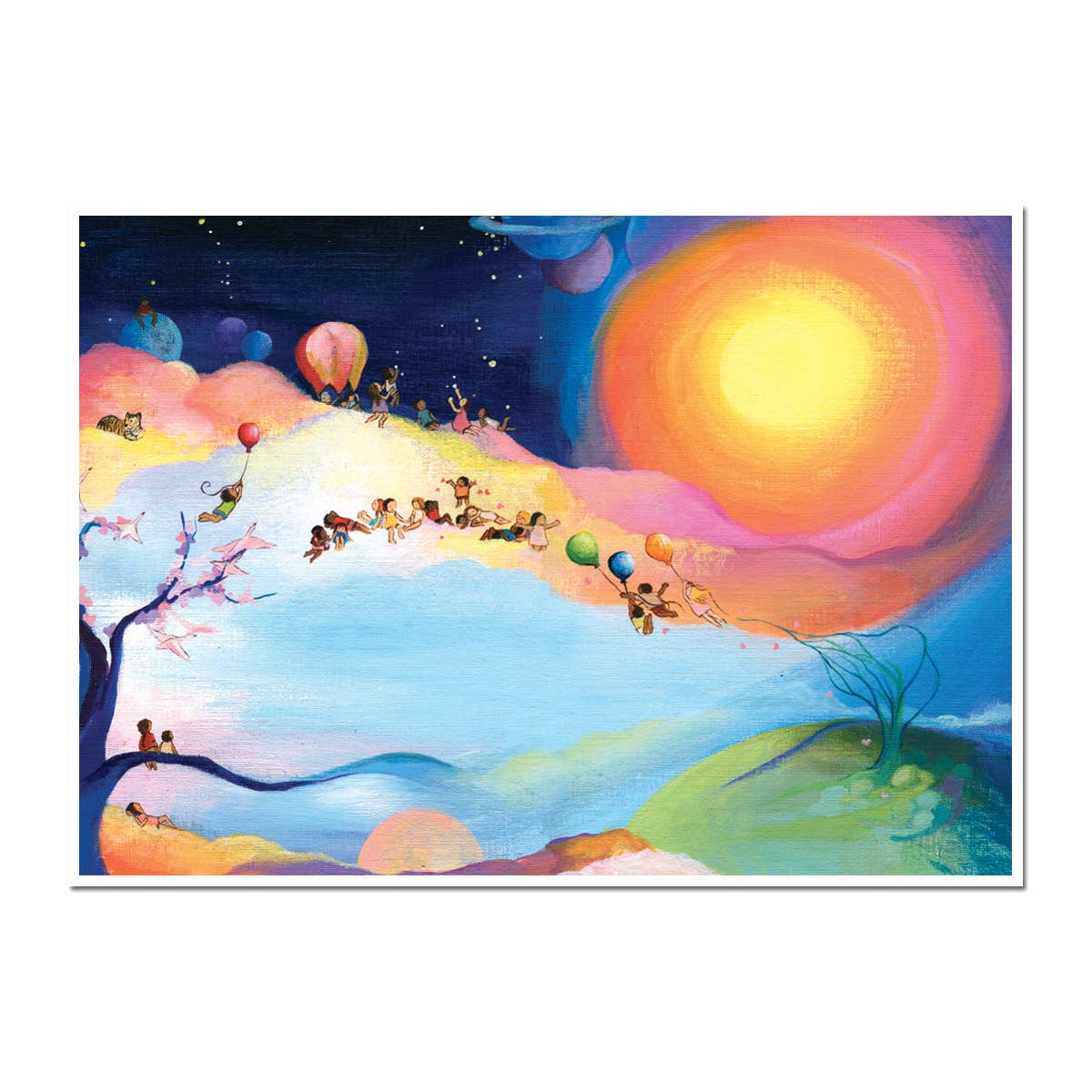 Ravi Birthday Card with vibrant cosmic art by Edie Pijpers, featuring a sun and balloons, perfect for a stationery store. Made in USA.