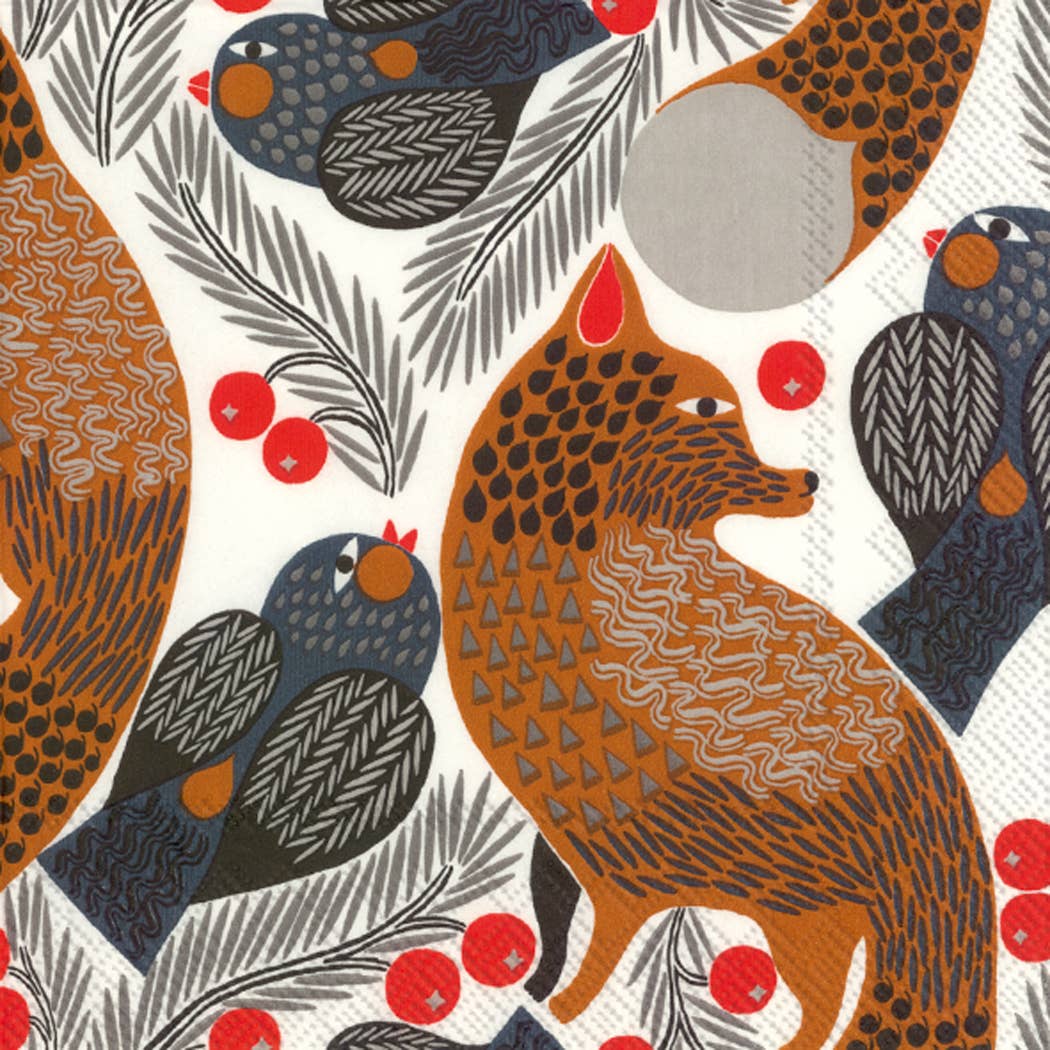 Marimekko Ketunmarja paper cocktail napkins, 20ct, featuring fox and birds design, ideal for stationery stores. Printed with water-soluble dyes.