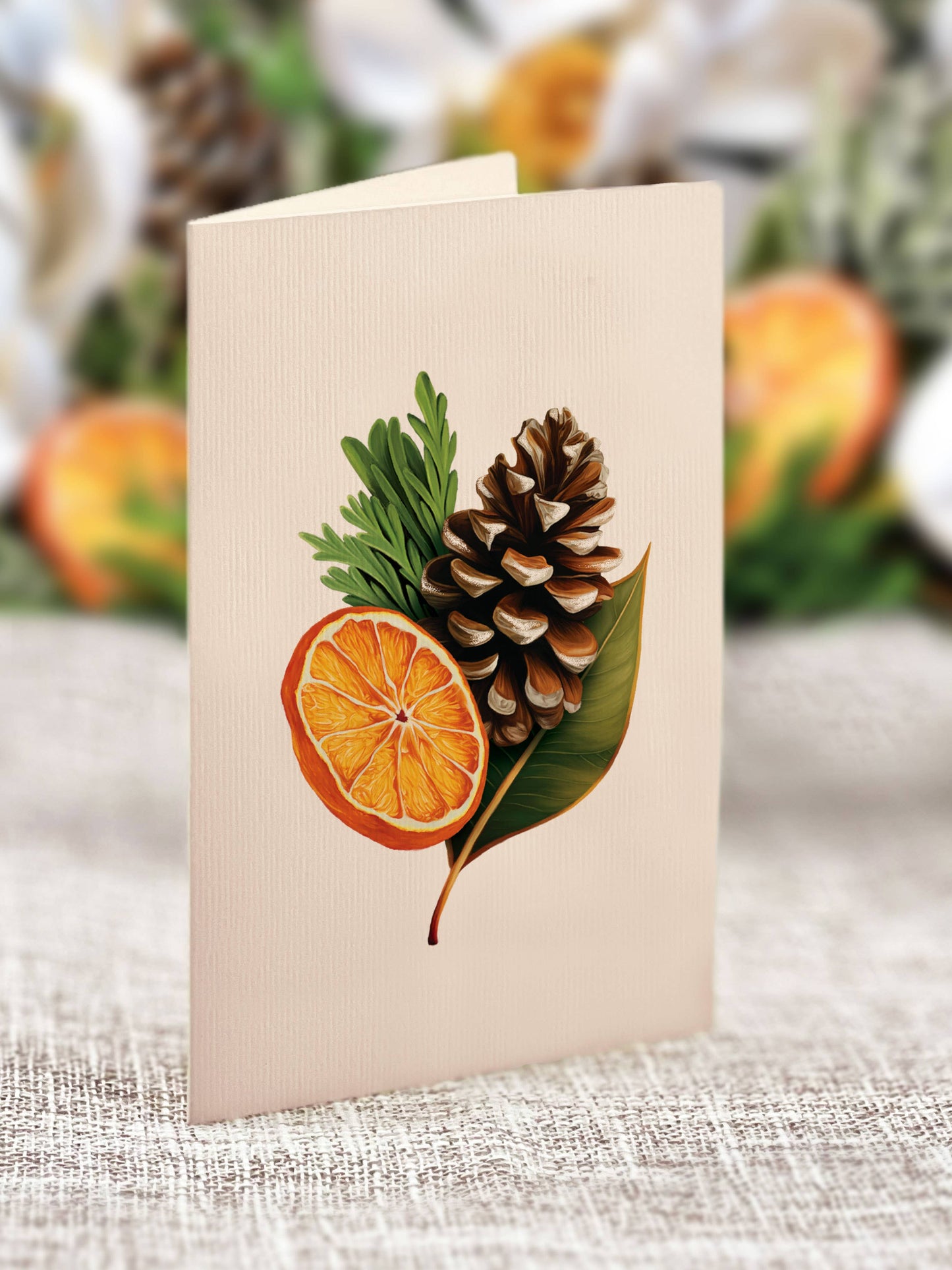 Winter Magnolia Pop-up Greeting Card with pine cone and orange slice design, available at stationery store.