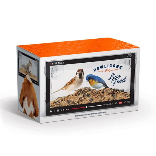 Howligans Live Feed bird feeder packaging, perfect for entertaining pets, available at stationery stores. Acrylic, window-mount design.