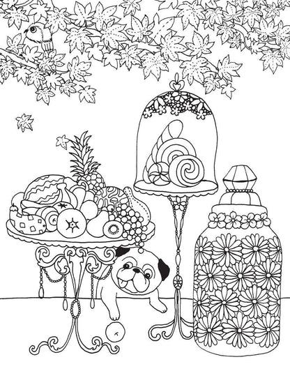 Playful pug surrounded by colorful fruits and fancy desserts in a whimsical setting from A Million Dogs Coloring Book, stationery store item.