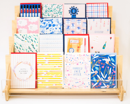 Display of Mr. Boddington's hand-drawn petite gift cards at stationery store, featuring colorful designs, NYC printed, 2'x3' size.