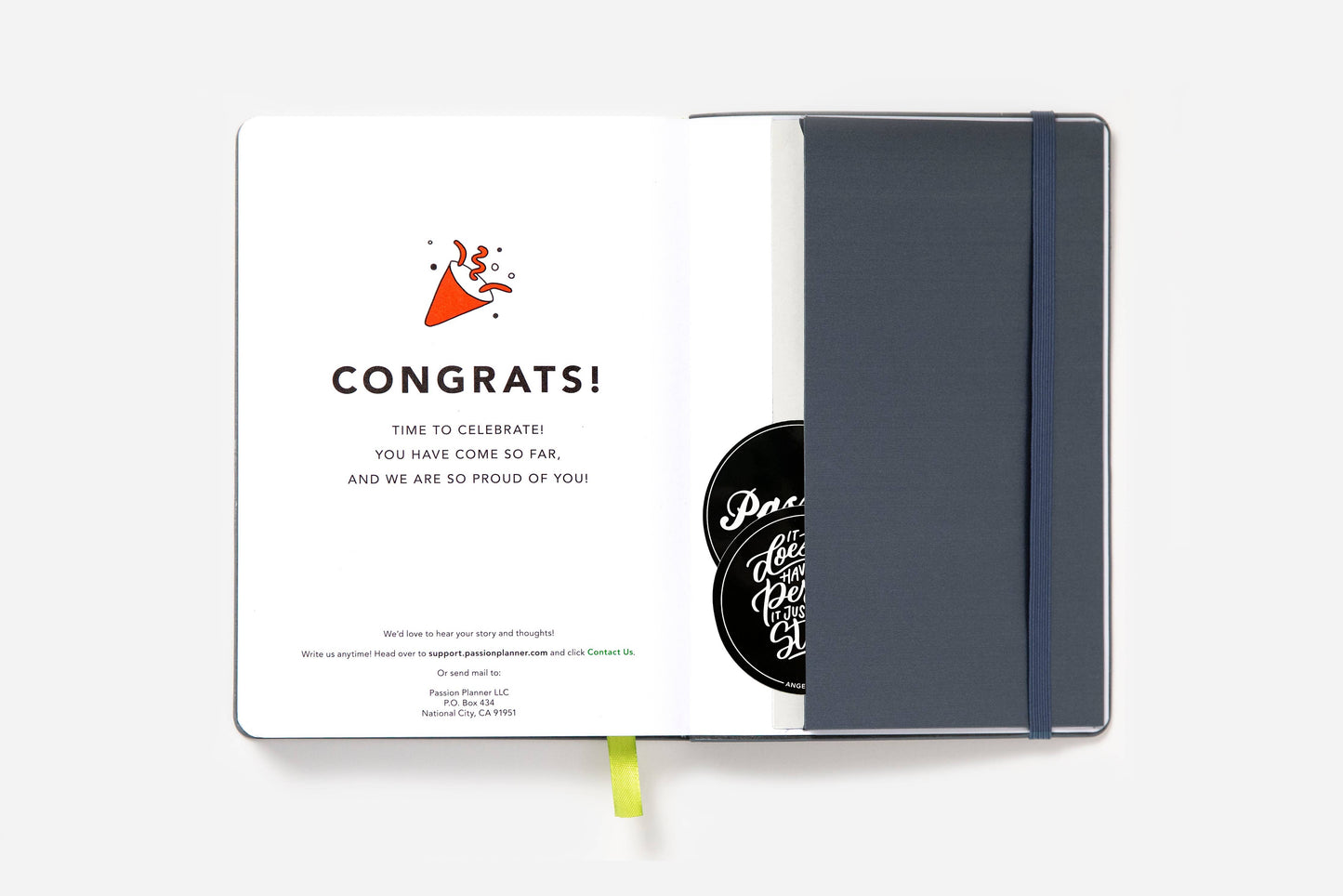 Open Daily Planner - Undated - Cosmic Blue with congratulatory message, ideal for goal tracking and planning. Available at stationery store.