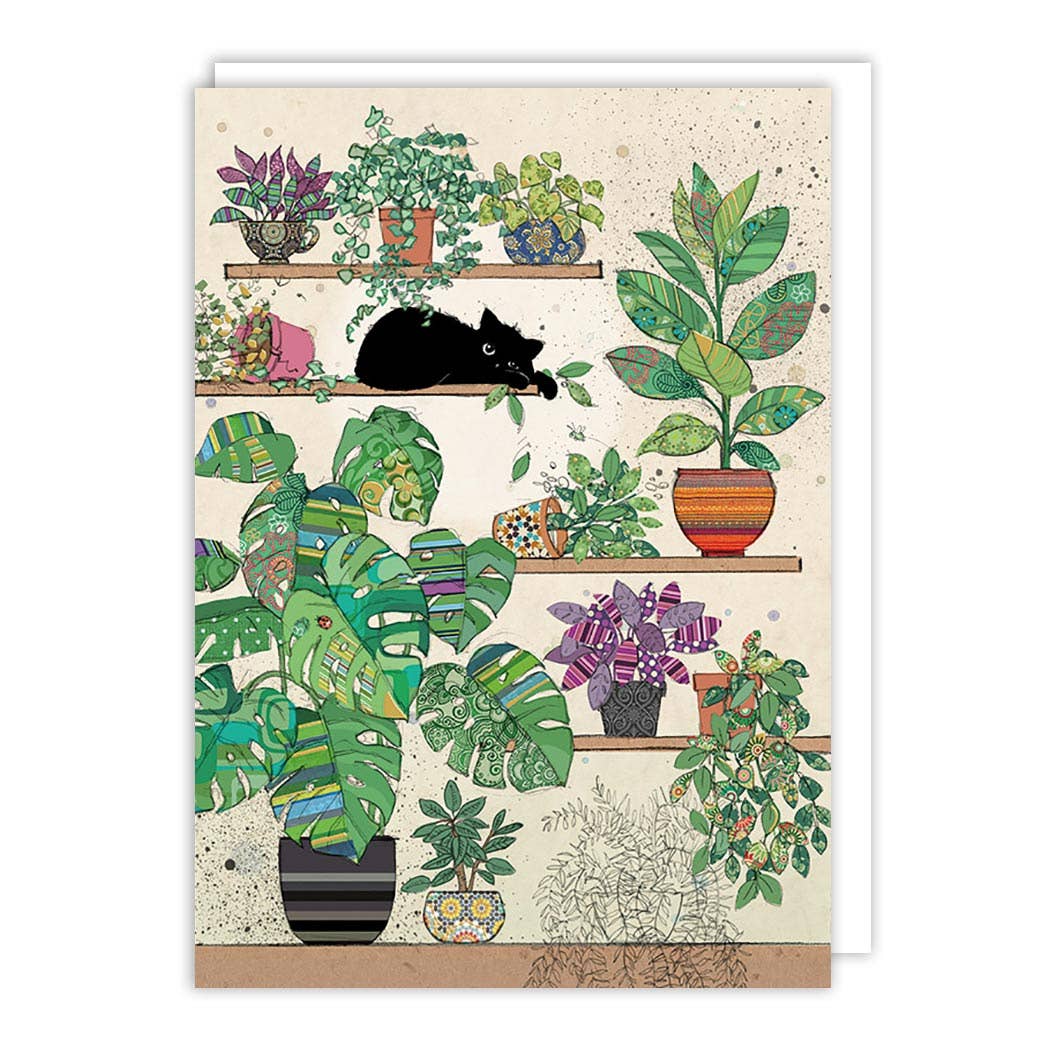 Cat Plants Blank Card with gold foil, stationery store greeting card featuring a black cat among green plants, blank inside for message.