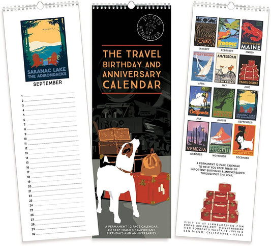 Perpetual Travel Birthday and Anniversary Calendar with vintage travel motifs, spiral bound from stationery store