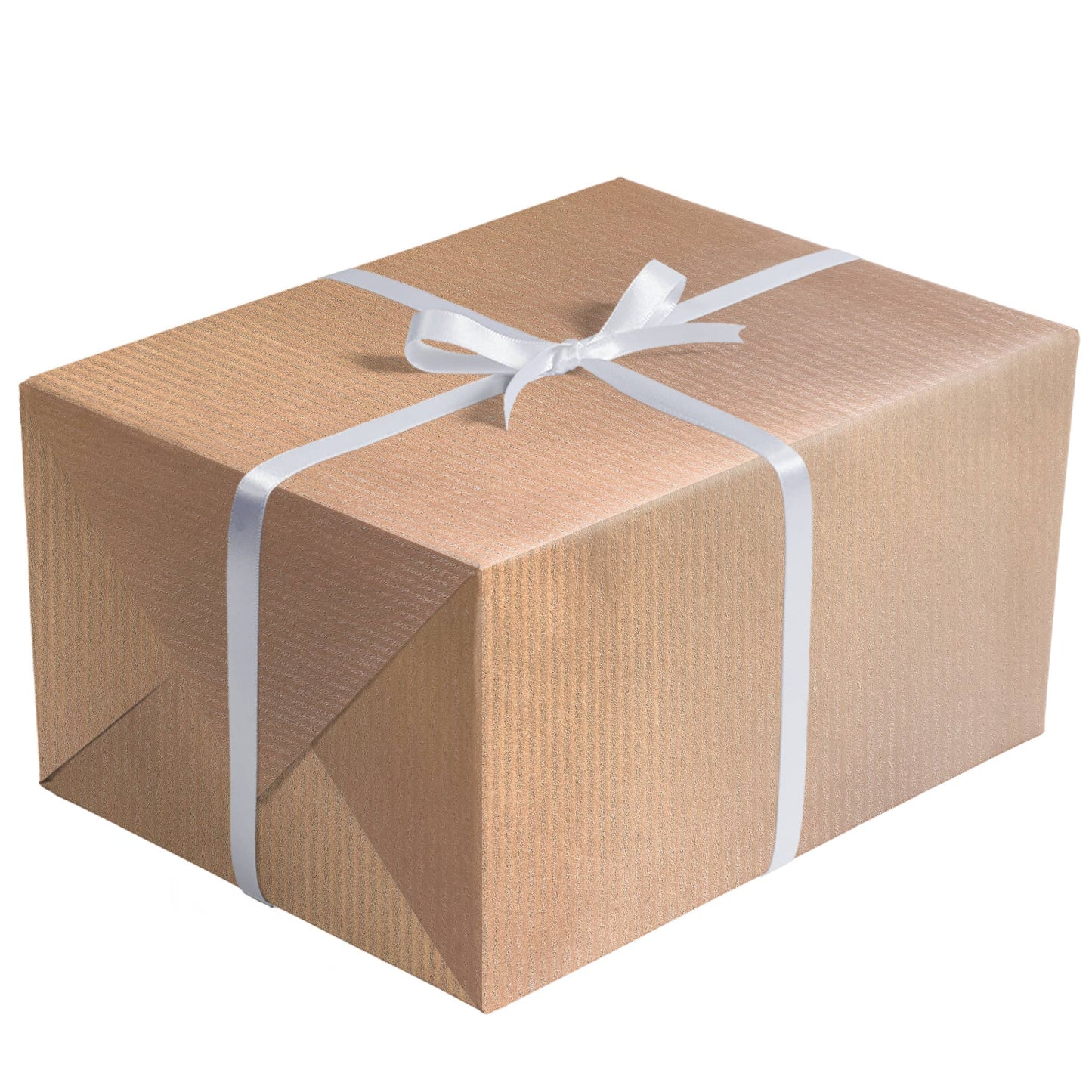 Rose Gold & Champagne Kraft Gift Wrap in use on a wrapped box with white ribbon, available at Jillson & Roberts stationery store.