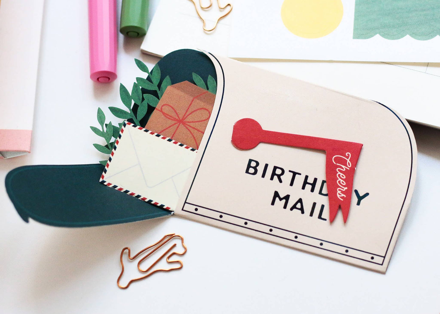 Birthday Mail Mailbox Pop-Up Card with envelope and gift, featuring cheers flag, perfect for stationery store collection.