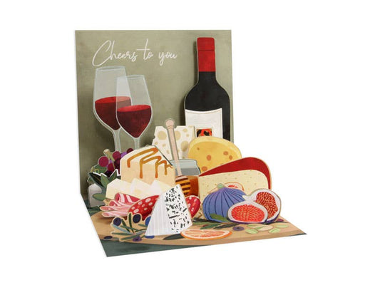 Charcuterie Pop-Up Card with wine and cheese design, perfect for any occasion. Available at your favorite stationery store.