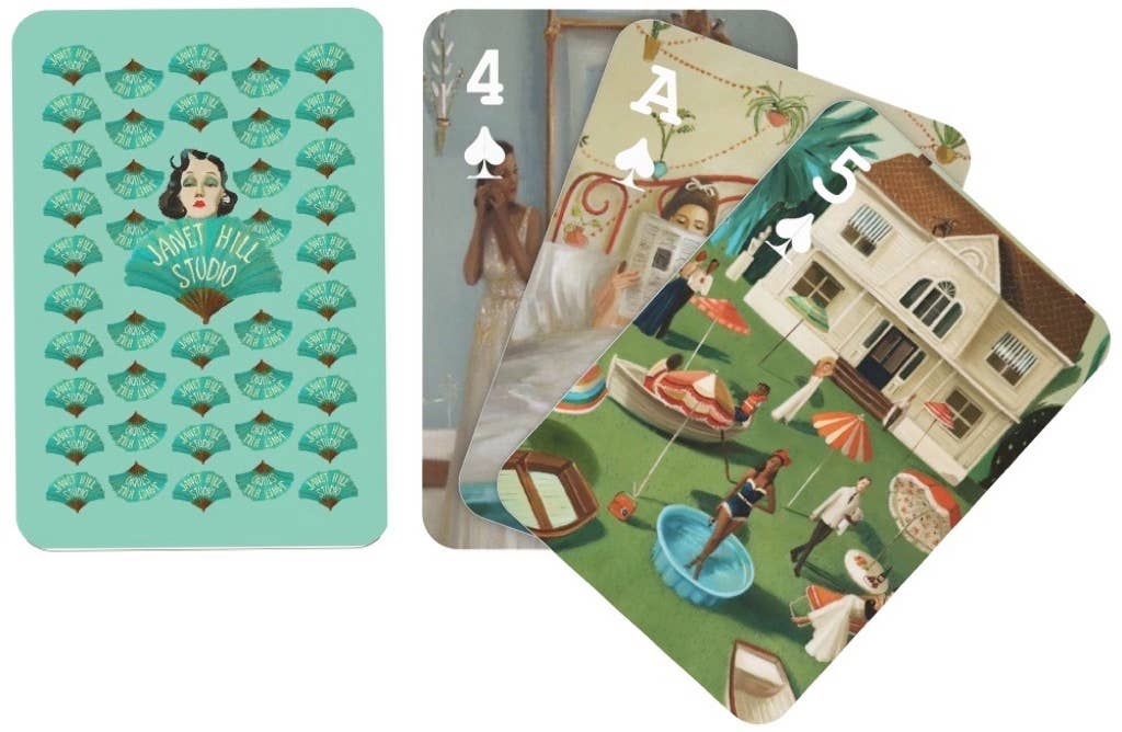 Janet Hill Playing Cards featuring whimsical art, available at stationery stores. Single standard deck showcasing unique illustrations.