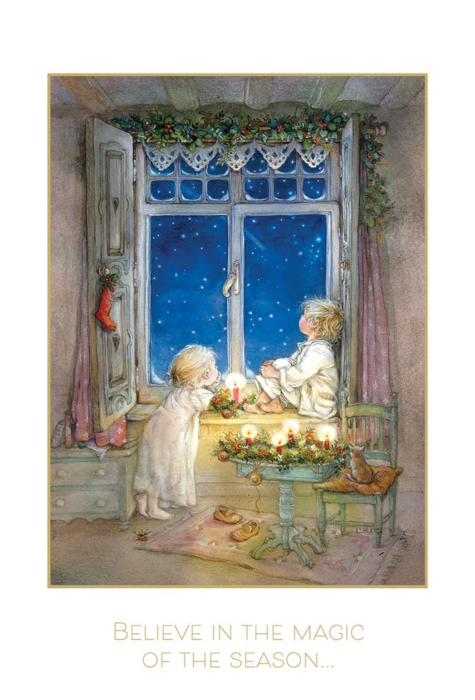 Christmas Card - Boy And Girl Looking Out Window