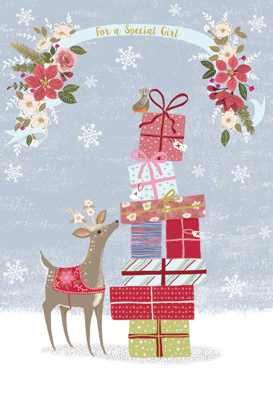 Christmas Card - Special Girl Deer With Stack Of Presents