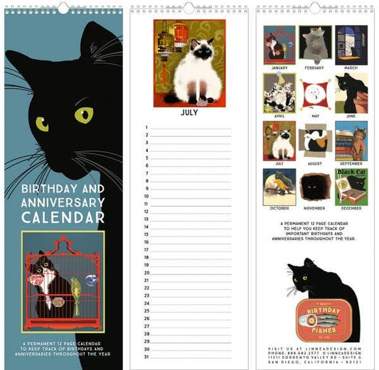 Perpetual Cat Birthday and Anniversary Calendar with 12 cat images, sold at stationery stores, measuring 15 x 5 inches with spiral binding.