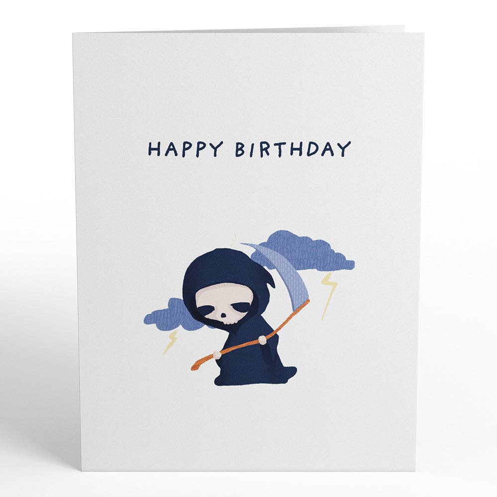 Happy Birthday Grim Reaper 4.5x5.9" PopPals™ card featuring a cute cartoon reaper with clouds and lightning, available at stationery store.