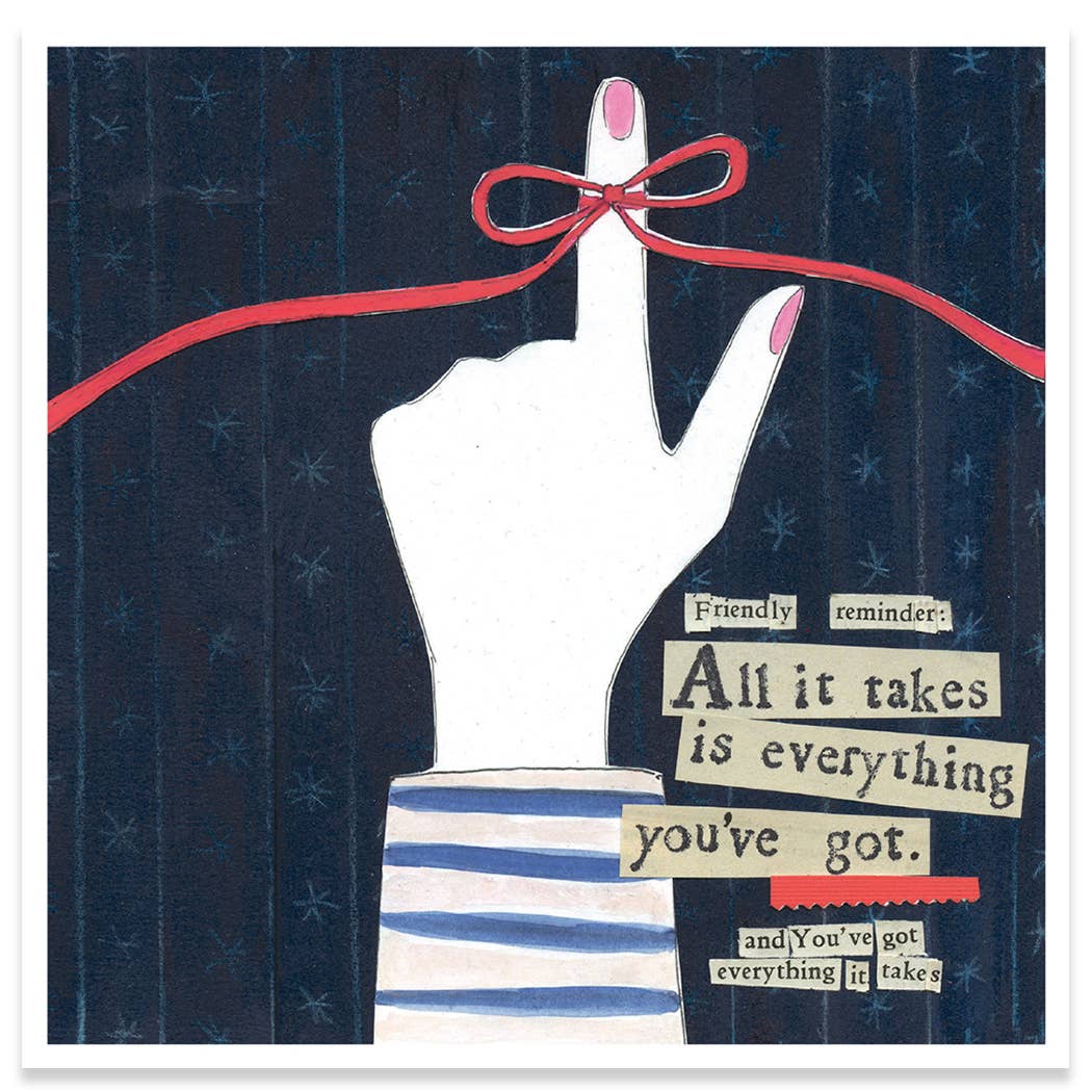 Curly Girl support card featuring a hand with red string and inspirational quote, available at stationery store. Blank inside for personalization.