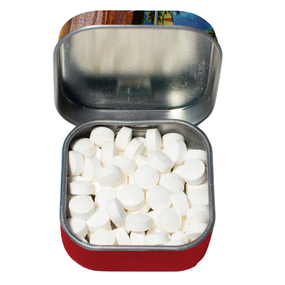 Open tin of Retiremints showcasing peppermint tablets from stationery store collection, perfect for retirees seeking refreshed energy.