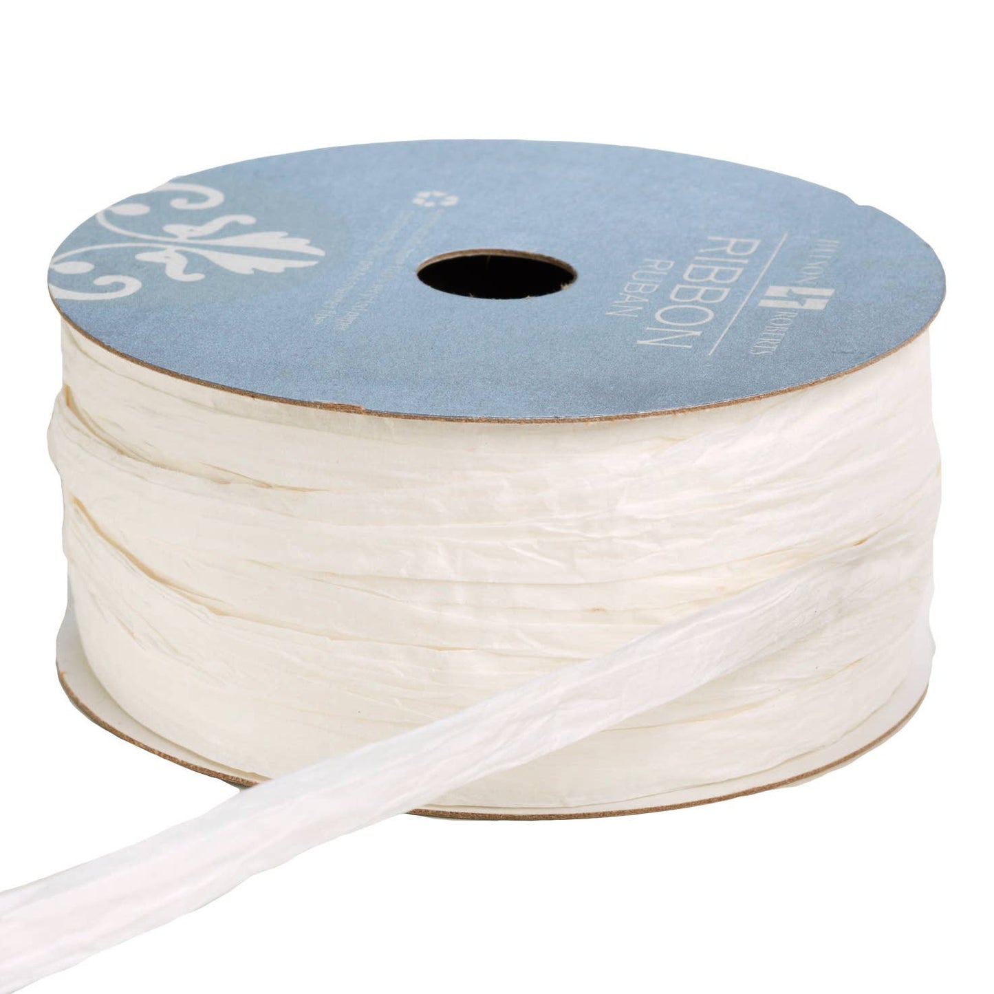 White Ribbon Paper Raffia spool, eco-friendly, chlorine-free, available at stationery store. Made from biodegradable paper, water-based inks.