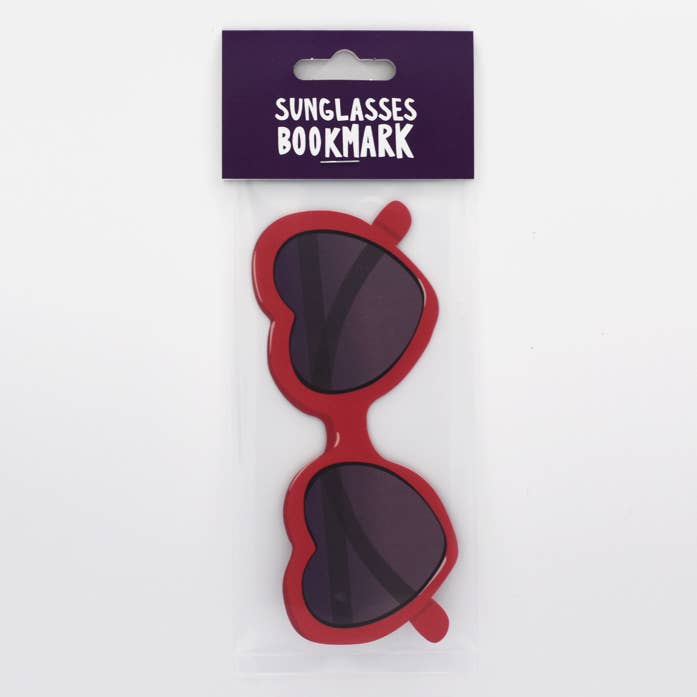 Heart-shaped sunglasses bookmark in packaging, perfect for summer reads from stationery store.