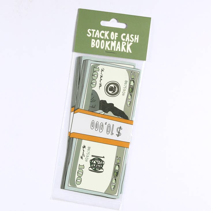 Alt Tag: Stack of Cash Bookmark packaged with hanger card, ideal stationery store accessory for book lovers.