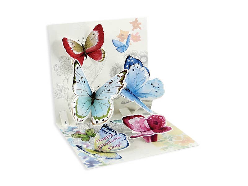 Butterflies of Spring Pop-Up Card with colorful 3D butterflies and gold foil accents, perfect for a Mother's Day greeting from a stationery store.