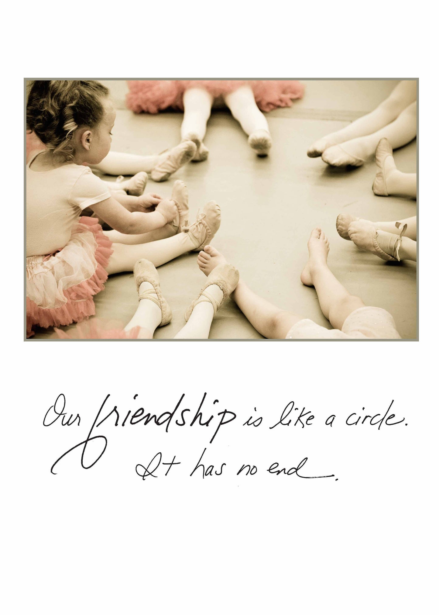 Birthday card from stationery store with quote 'Our Friendship Is Like a Circle. It Has No End' and children sitting in a circle.