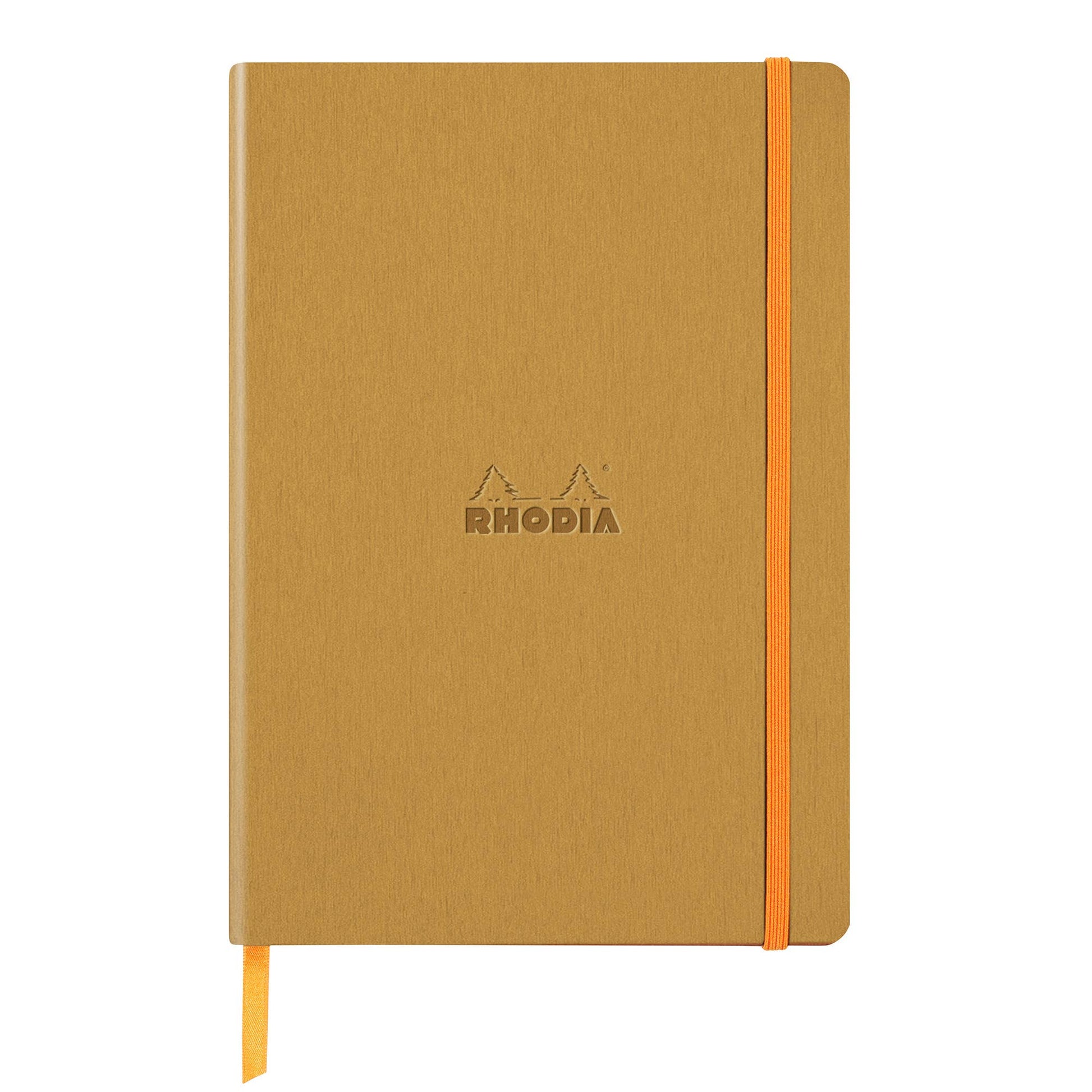 Rhodiarama Softcover Journal A5 in mustard, with soft vegan leather cover, elastic closure, from a stationery store.