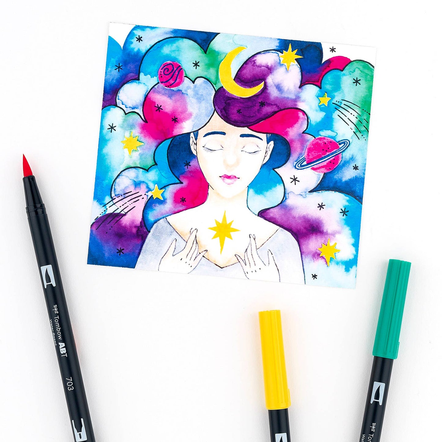 Artistic illustration made with Dual Brush Pen Art Markers Galaxy 10-Pack showcasing vibrant colors; available at stationery store.