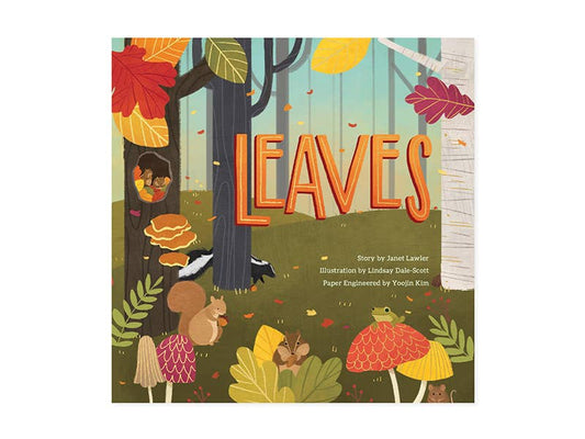 Leaves: An Autumn Pop-Up Book cover featuring woodland scene with critters and mushrooms, available at stationery stores.