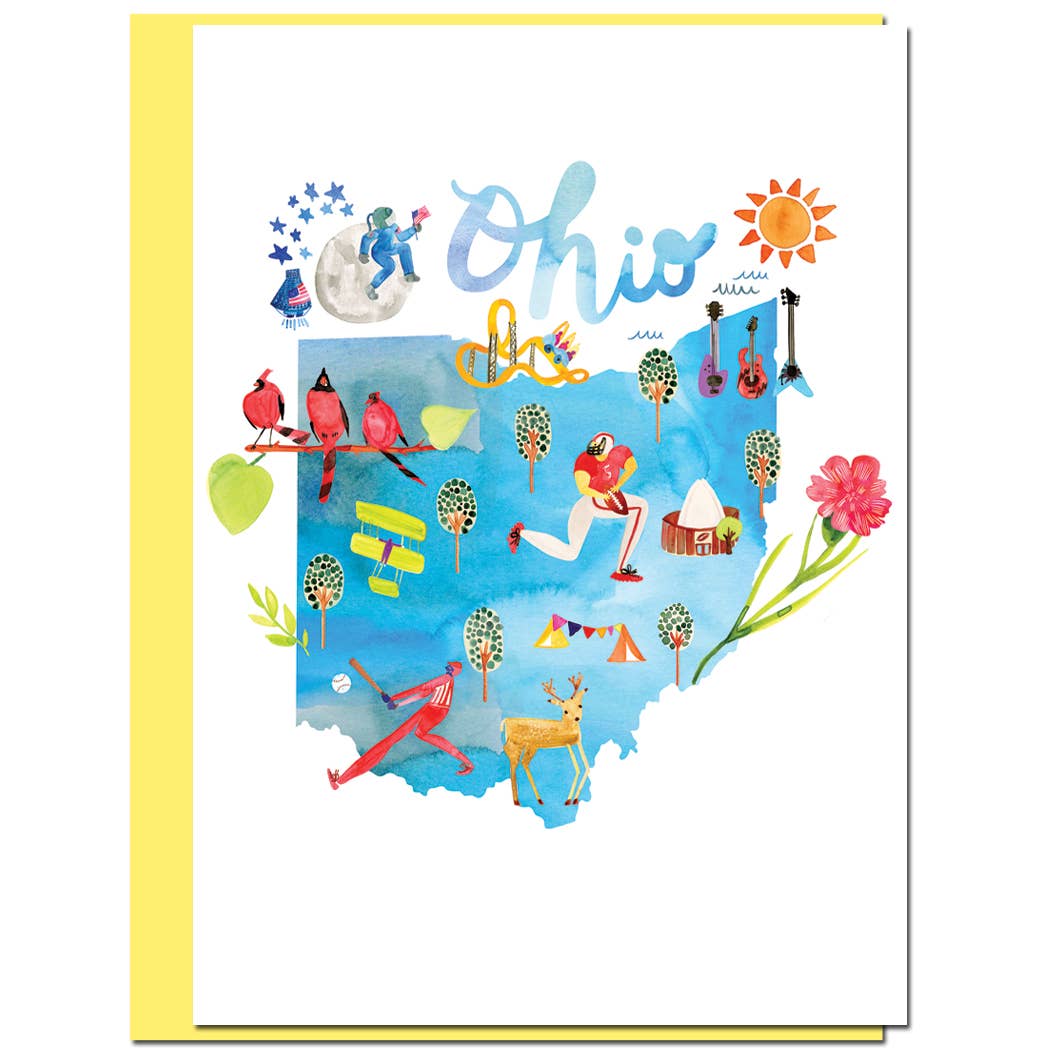 Ohio watercolor map blank card with yellow envelope by Sara Franklin; handmade stationery from USA.