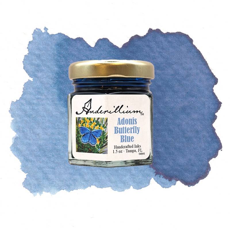 Anderillium™ Adonis Butterfly Blue Ink, 1.5 oz bottle, handcrafted fountain pen ink, available at stationery stores.