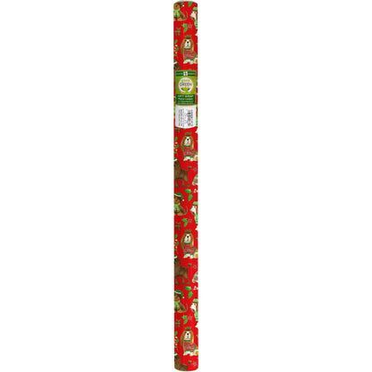 Christmas wrap roll with canine design, 5' x 30", featuring metallic gold and festive holiday dogs, available at stationery store.