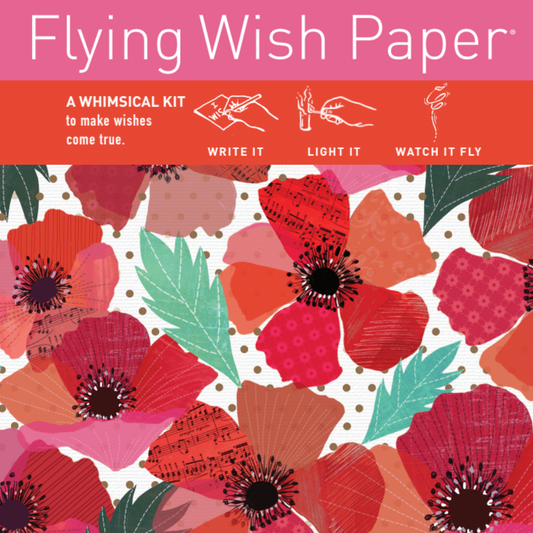 Flying Wish Paper Poppies Mini Kit with 15 Wish Papers, empowering magical experience from stationery store, vibrant red poppy design.