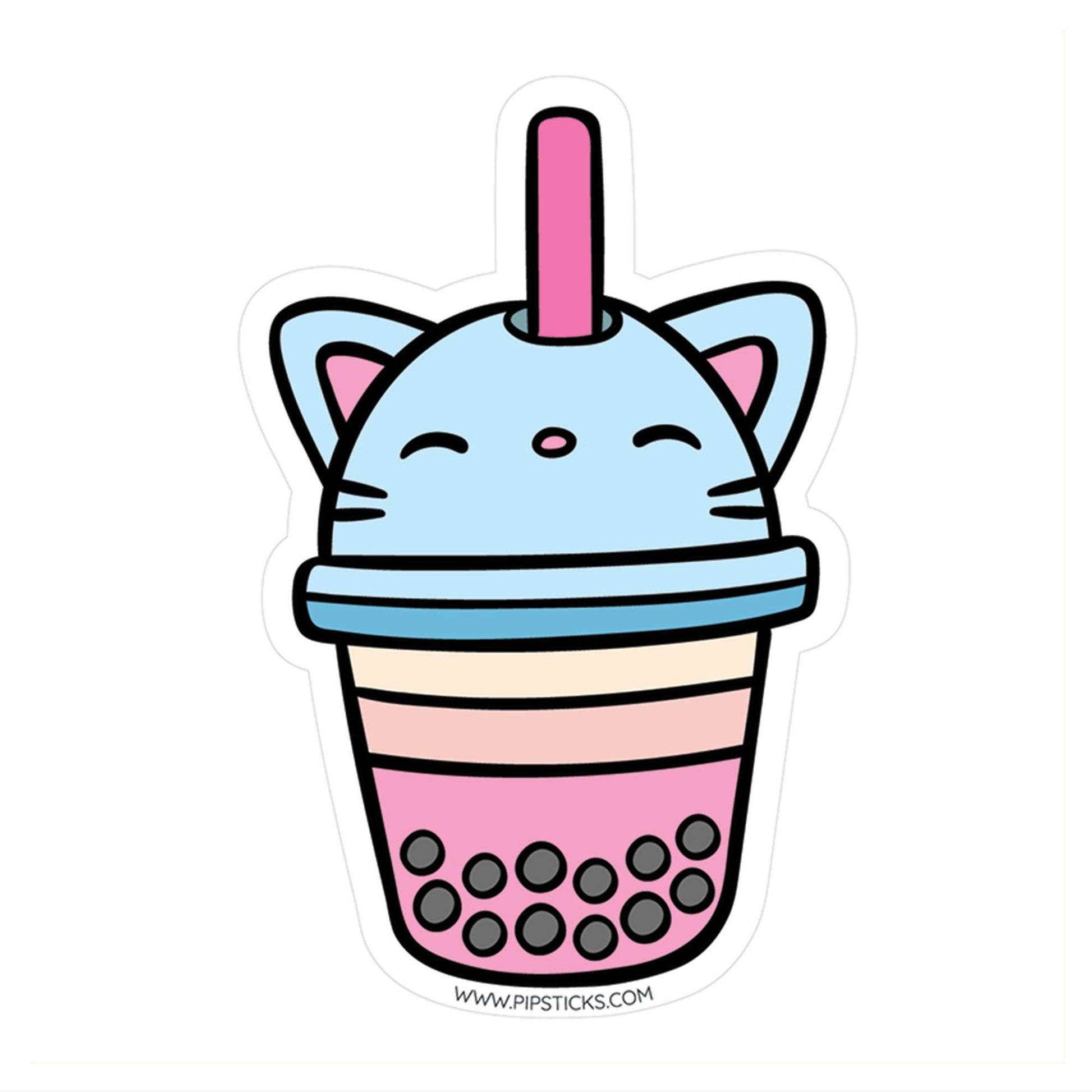 Boba Kitty Vinyl Sticker featuring pastel colors, perfect for stationery store gifts. Water and UV resistant unique PipSticker design.