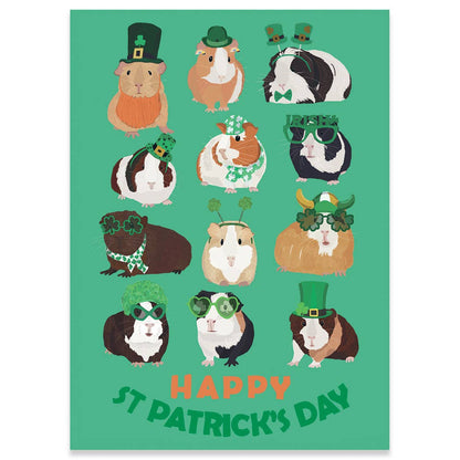 St Patrick's Day card featuring guinea pigs in festive hats by Hannah Melin, available at stationery store. "Happy St Patrick's Day" text included.