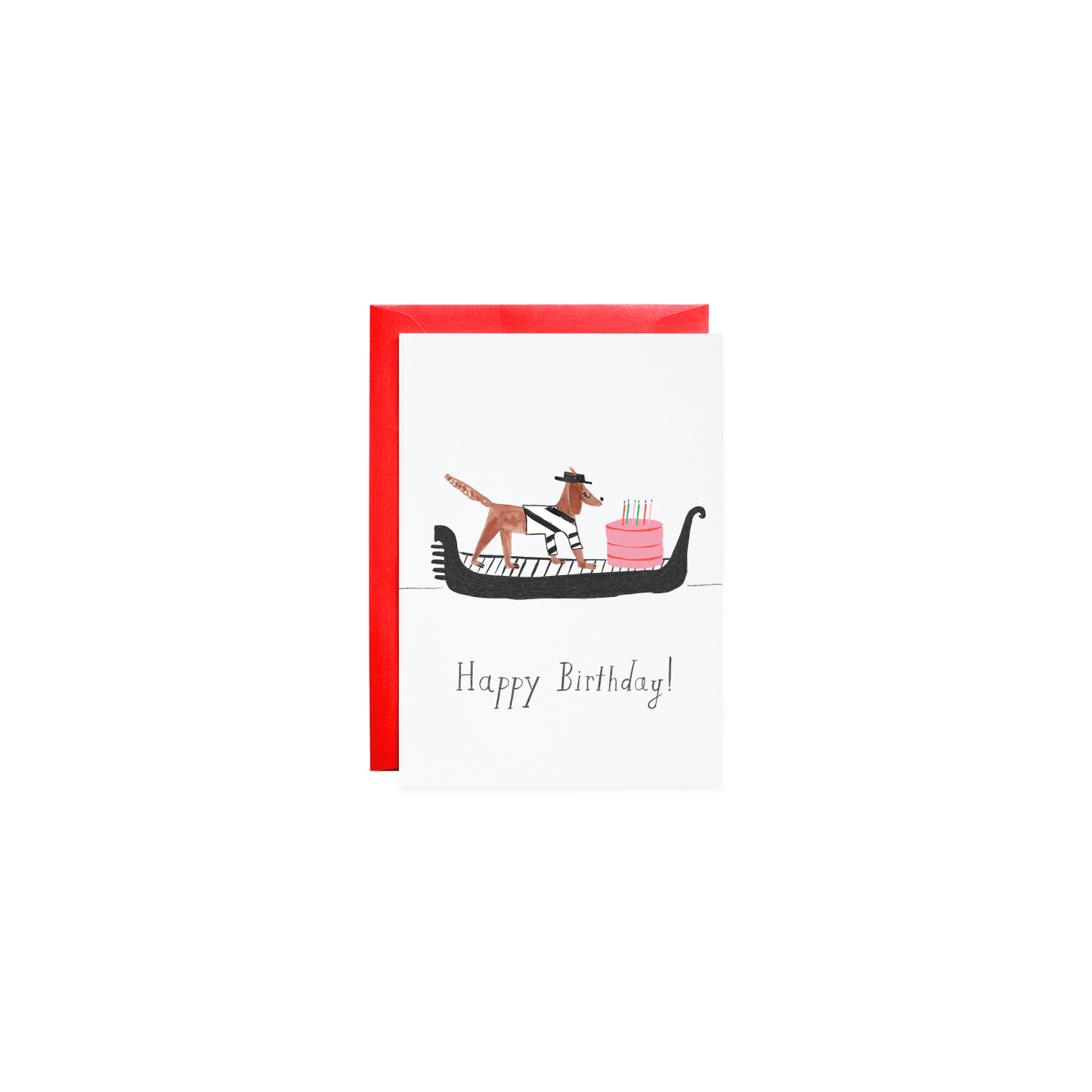 Cake Delivery Petite Card with dog illustration in gondola for stationery store, hand-drawn and printed in NYC with red envelope.