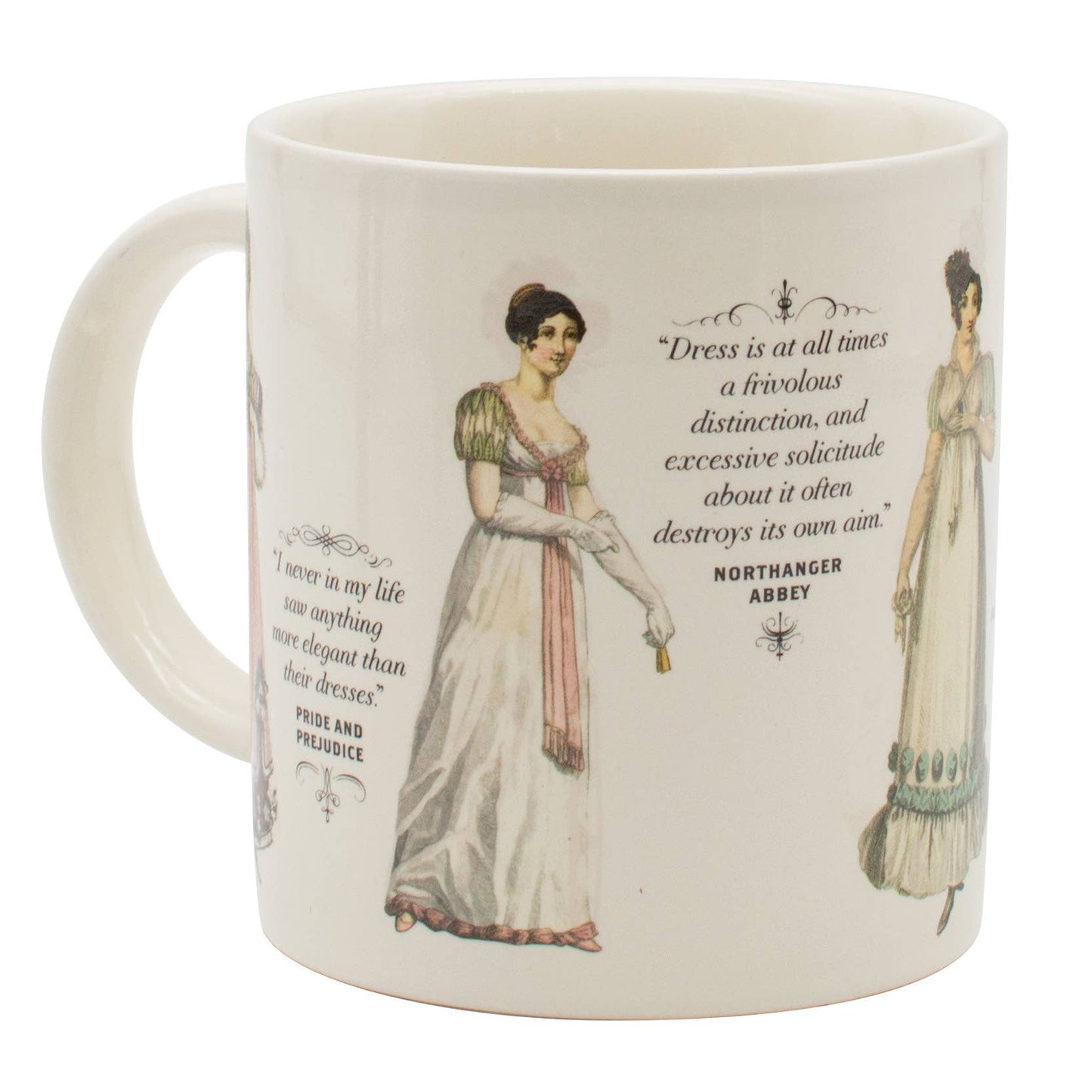 Jane Austen Regency Clothing Heat-Changing Mug featuring young ladies, available at stationery store, changes attire with warmth.