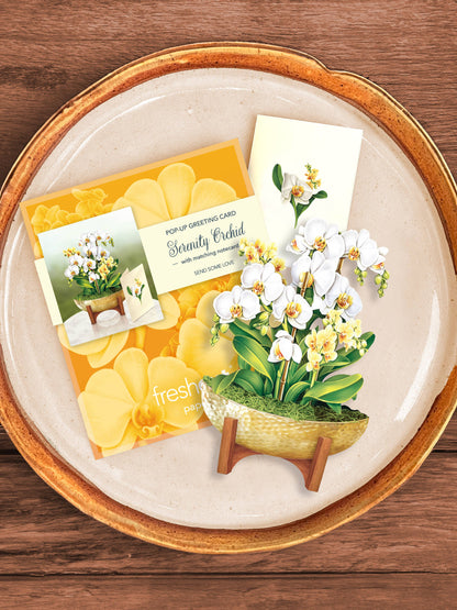 Mini Serenity Orchid Pop-up Greeting Card with note card and envelope from a stationery store