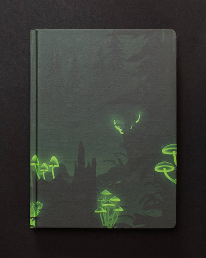 Bioluminescent Mushrooms Dark Matter Notebook with glowing cover from stationery store