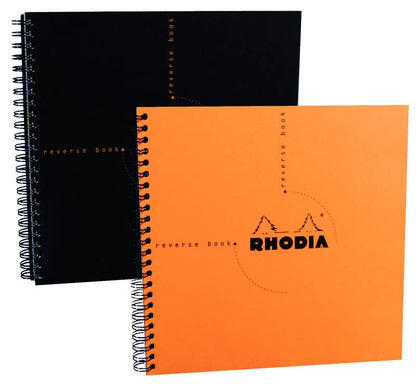 Rhodia Reverse Book 8.25 x 8.25 with orange and black covers, featuring 80g smooth paper, available at the stationery store.