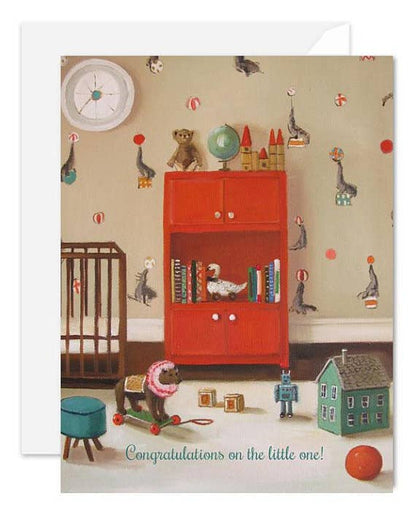 Nursery Seals Card featuring a playful nursery scene with toys, perfect for stationery store collections.