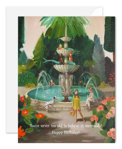 A2 Selfie At The Mermaid Public Fountain Card, blank inside, perfect for birthdays. Available at stationery stores. Printed on recycled card stock.