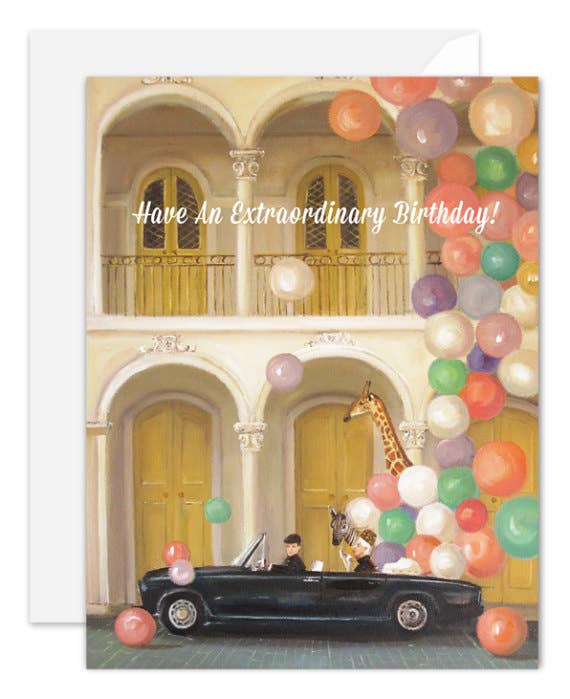 Old Town Birthday Card with balloons and a giraffe design, blank inside, 100lb recycled card stock, available at stationery store.