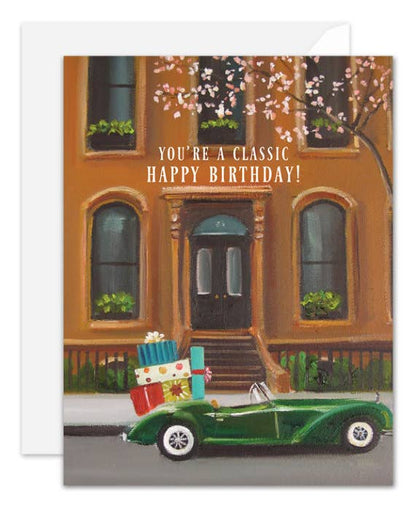 "You're A Classic" birthday card featuring a vintage car with gifts, perfect for stationery store shoppers looking for unique designs.