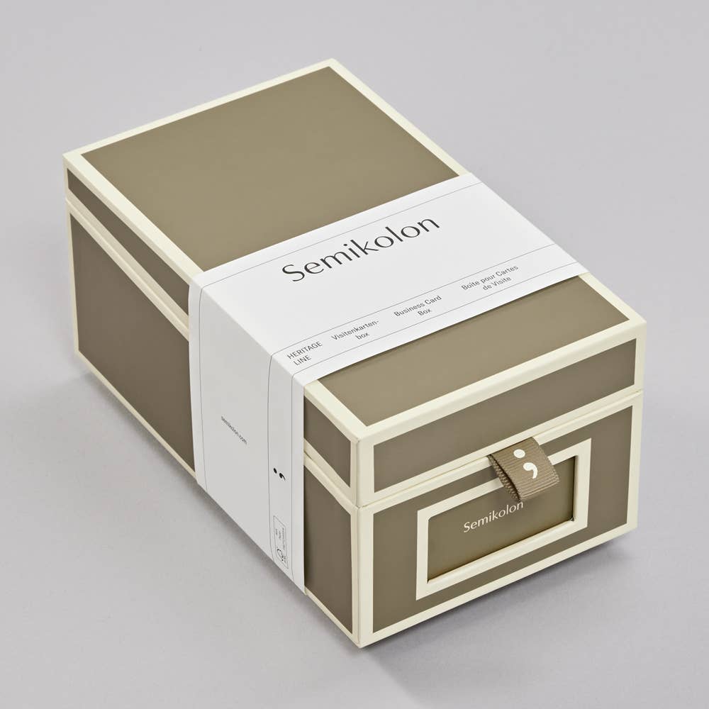 Semikolon Heritage Line Business Card Box with alphabetical tabs, perfect for stationery stores, holds up to 480 cards, size 4.1x7x3.3 in.