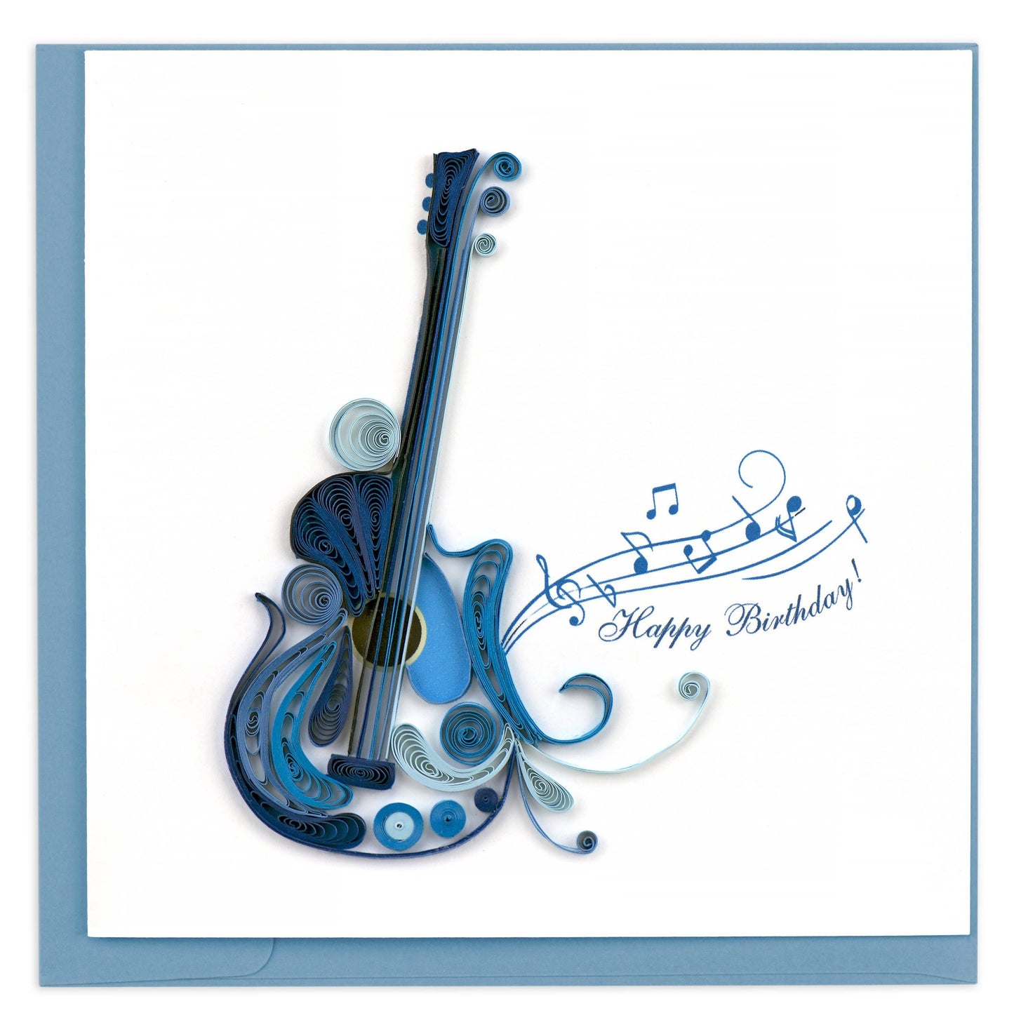 Quilled Birthday Guitar Card with blue guitar and flying notes, stationery store unique card.