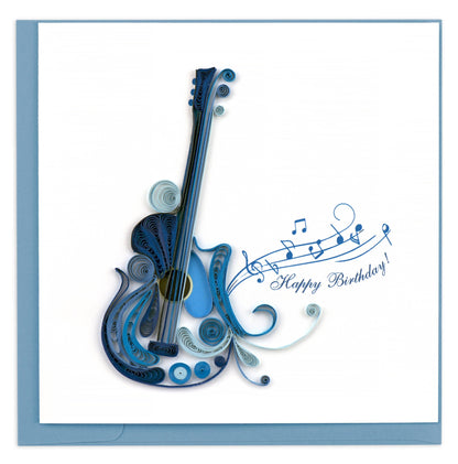 Quilled Birthday Guitar Card with blue guitar and flying notes, stationery store unique card.