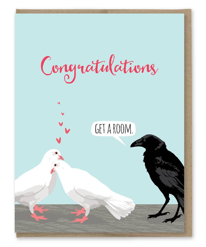 Alt Tag: Get a Room Doves Card with lovebirds and crow, perfect for stationery store shoppers seeking a unique greeting card.